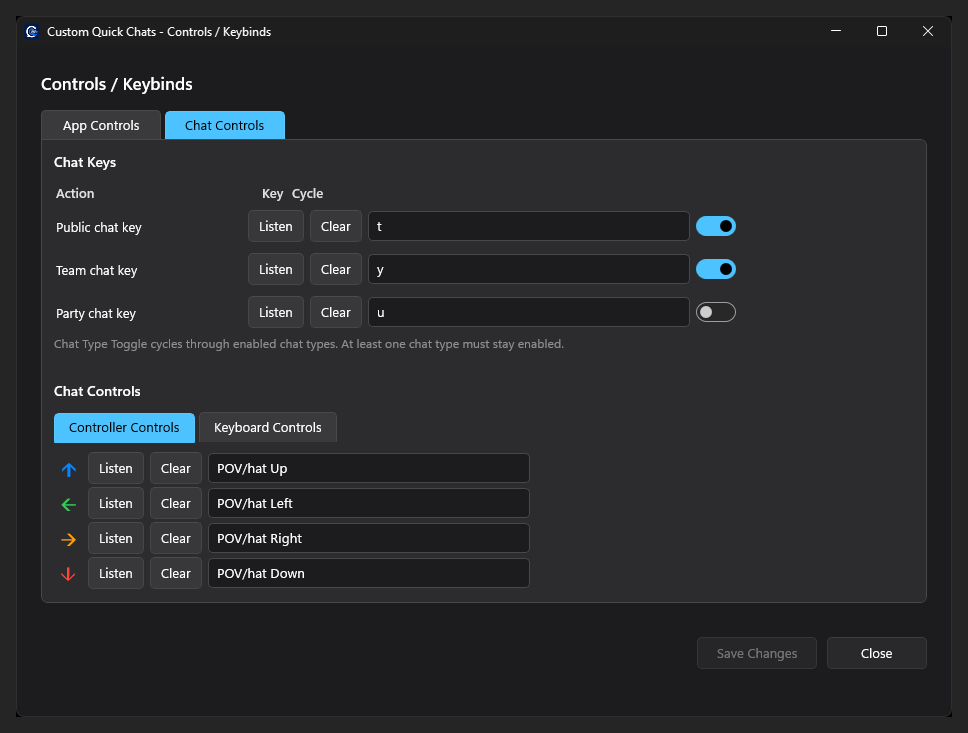Custom Quick Chats Controls window on the Chat Controls tab showing chat keys and controller bindings